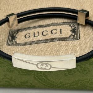 Gucci interlocking G. ID black leather bracelet in sterling silver made Italy
